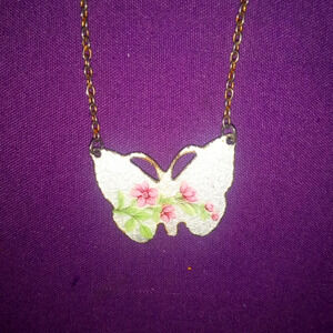 Antique Art Deco Sterling Silver Guilloche Enamel Butterfly Necklace